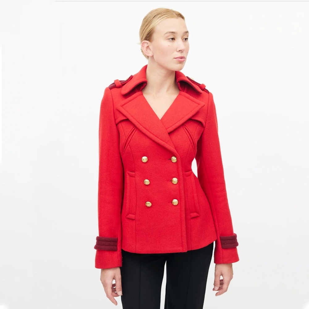 Smythe Red Double Breasted Pea Wool Coat with gold button size 4
